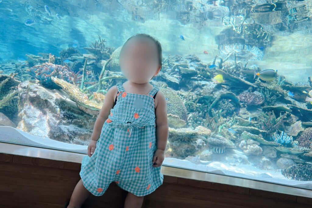 名古屋港水族館 待ち時間を楽しそうに過ごす子ども(1歳・3歳連れ)